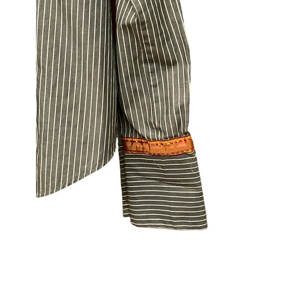 Flatiron Workshop Black Gray White Striped Button-Up Shirt Sz 1 Embroidered Trim - Picture 2 of 7